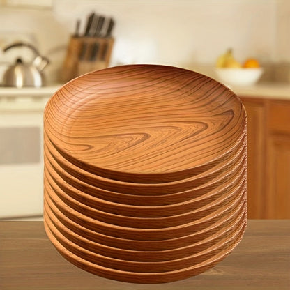10pcs Wood Grain Dinner Plates Set - Round Striped Plastic Serving Trays for Home Kitchen Dessert Shop Restaurant | Fruit Tray Tea Tray Cake Plate Snack Dish