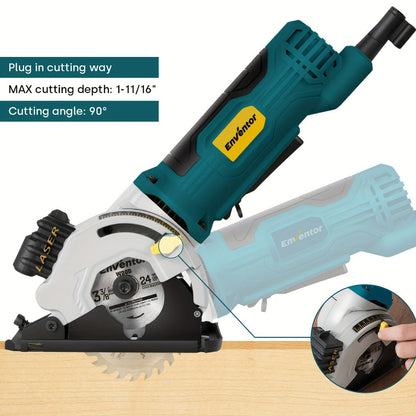Mini Circular Saw Corded with Laser Guide 4A 3500RPM 3-3/8 Inch Compact Hand Saw for Wood Metal Tile Plastic Cuts DIY Home Improvement