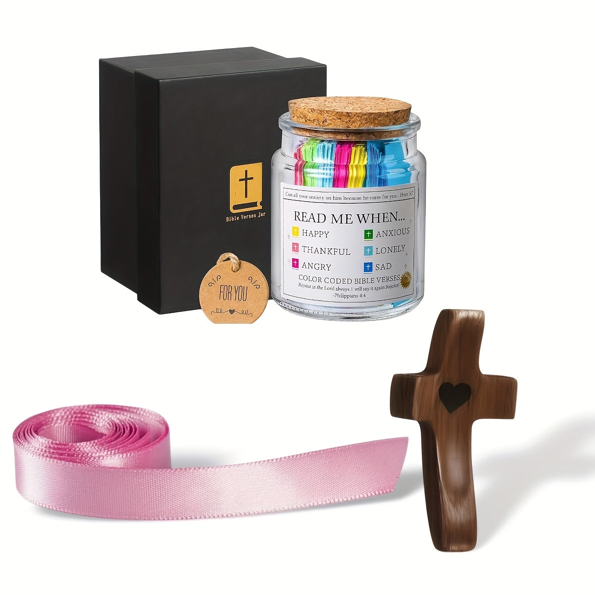 Bible Verse Jar Gift Set with Wooden Cross, Color-Coded Scripture Cards and Two Exact Configurations