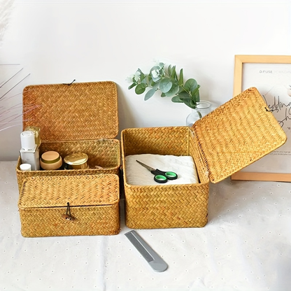 Rattan Storage Basket Set of 3 - Handwoven Wicker Organizer Bins with Lattice Lid & Label, Rustic Farmhouse Baskets for Kitchen Bathroom Pantry Shelf