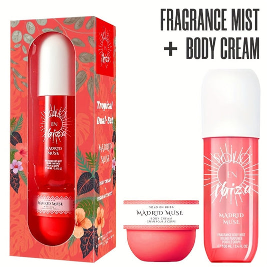 Body Hair Fragrance Mist Gift Set 2-Piece SOLO EN IBIZA Perfume Mist Body Cream Long Lasting Vanilla Fruit Scent 3.4 fl oz Unisex for Men Women 4 Scent Varieties
