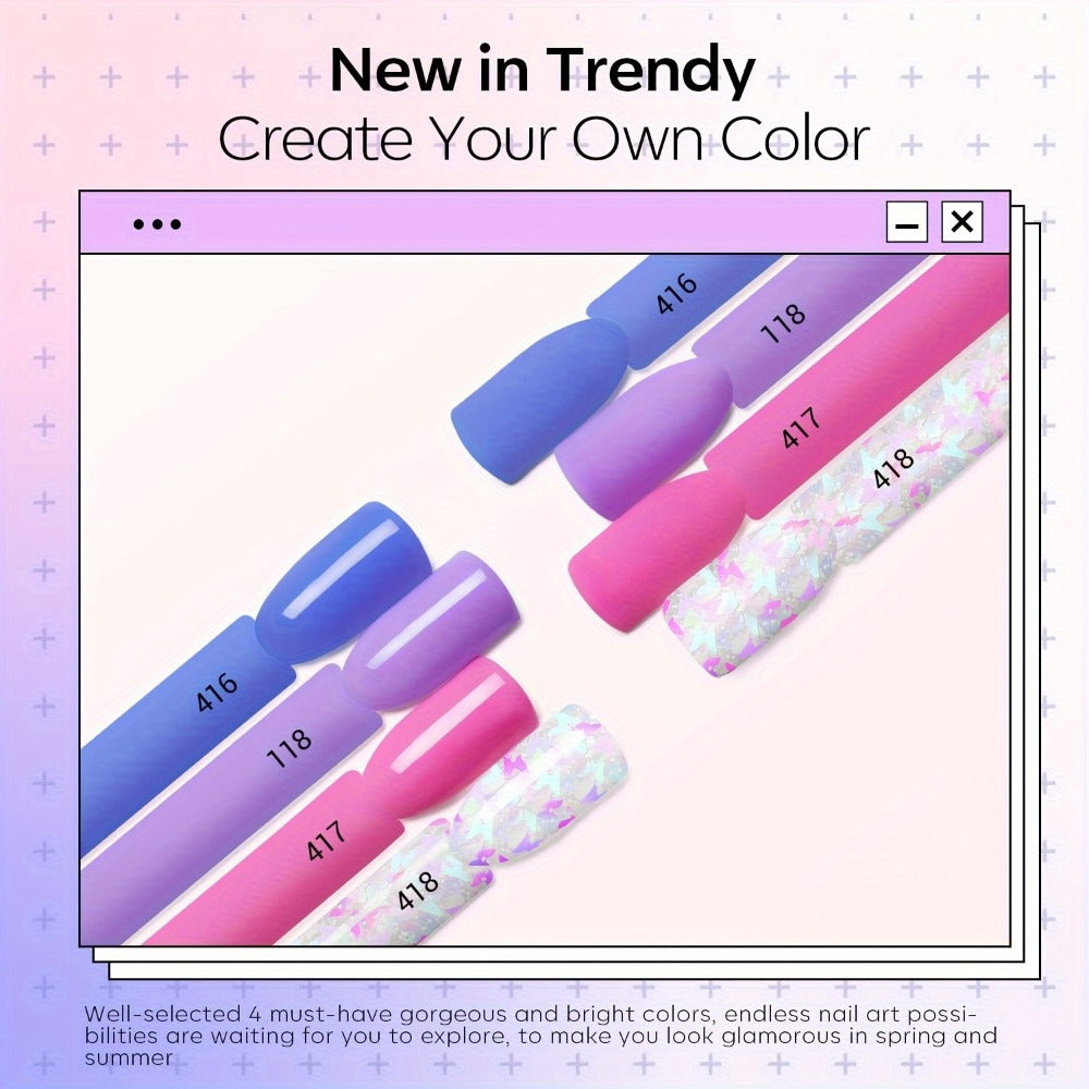 Spring Butterfly Glitter Dip Powder Kit 4 Colors Lilac Purple Blue Pink — Base Coat & Activator Included French Nail Art Salon Manicure Set No Lamp Needed