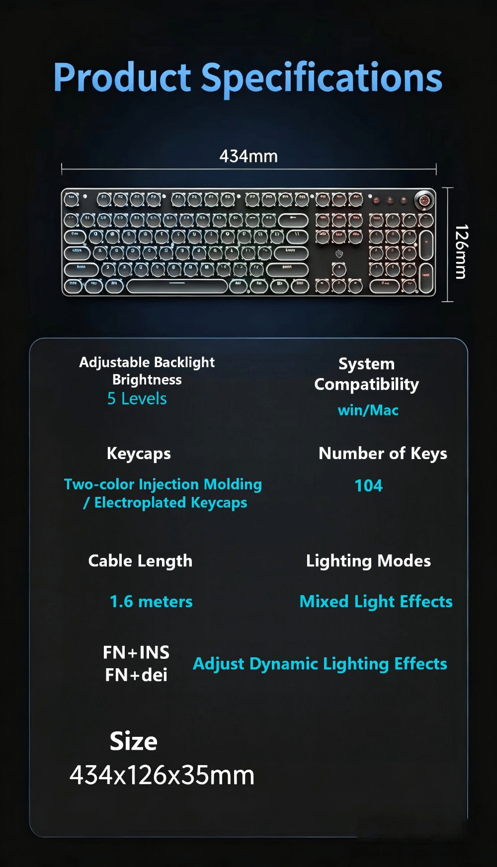 Mechanical Keyboard with Retro Round Keycaps, Green Switches, RGB Backlighting and Multifunction Control Knob