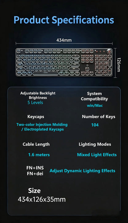 Mechanical Keyboard with Retro Round Keycaps, Green Switches, RGB Backlighting and Multifunction Control Knob