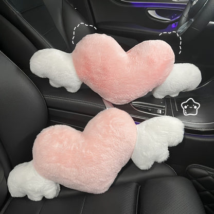 Car Headrest Neck Pillow Heart Shape with Angel Wings – Cute Plush Lumbar Cushion & Seat Back Pillow, Car Interior Decor Accessory, Gift for Women