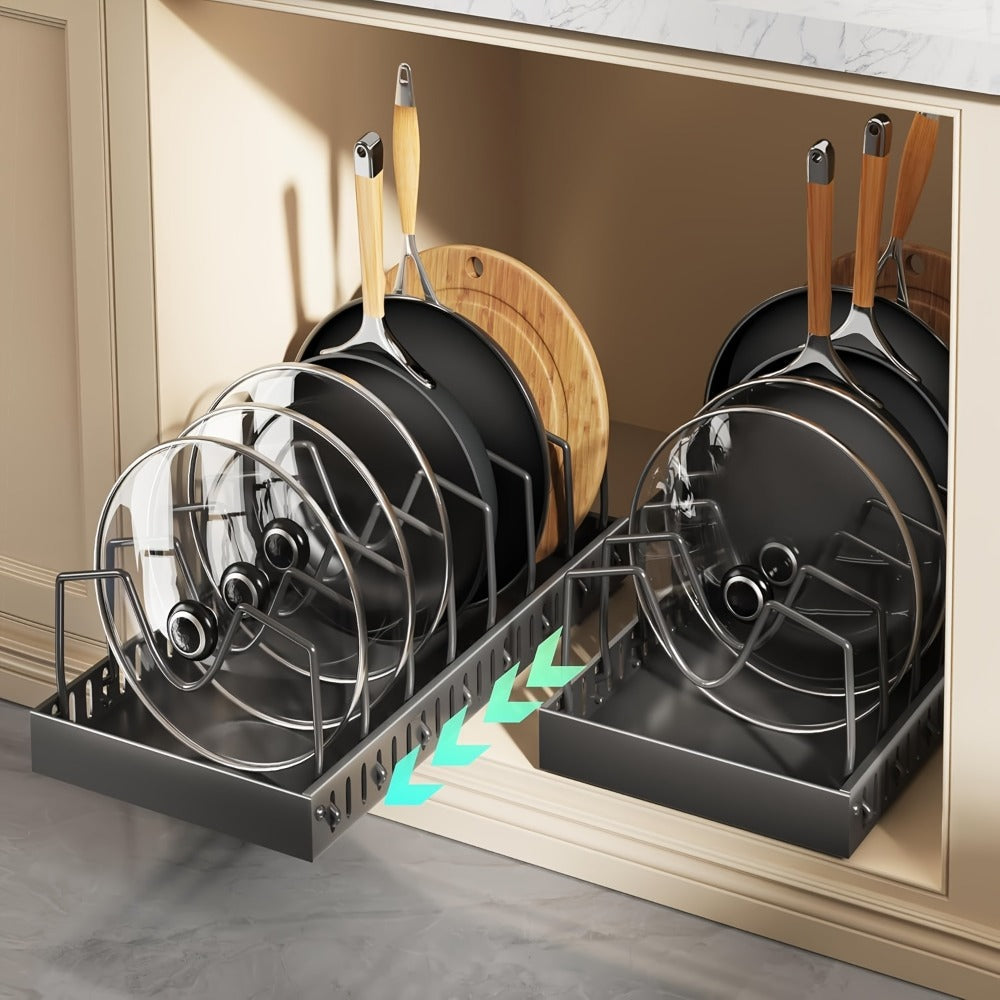 Two-Piece Pull-Out Cabinet Organizer for Pot Lids and Cookware with Removable Dividers in Black or White
