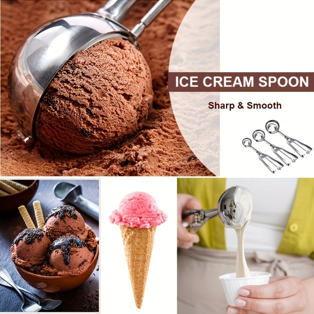 Three-Piece Trigger Scoop Set with Small, Medium and Large Bowls for Ice Cream, Cookie Dough and Fruit