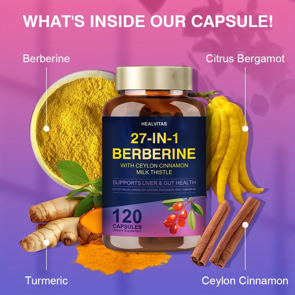 Herbal Supplements with HEALVITAS Label, 27-in-1 Berberine Formula Capsules, 120 or 360 Count