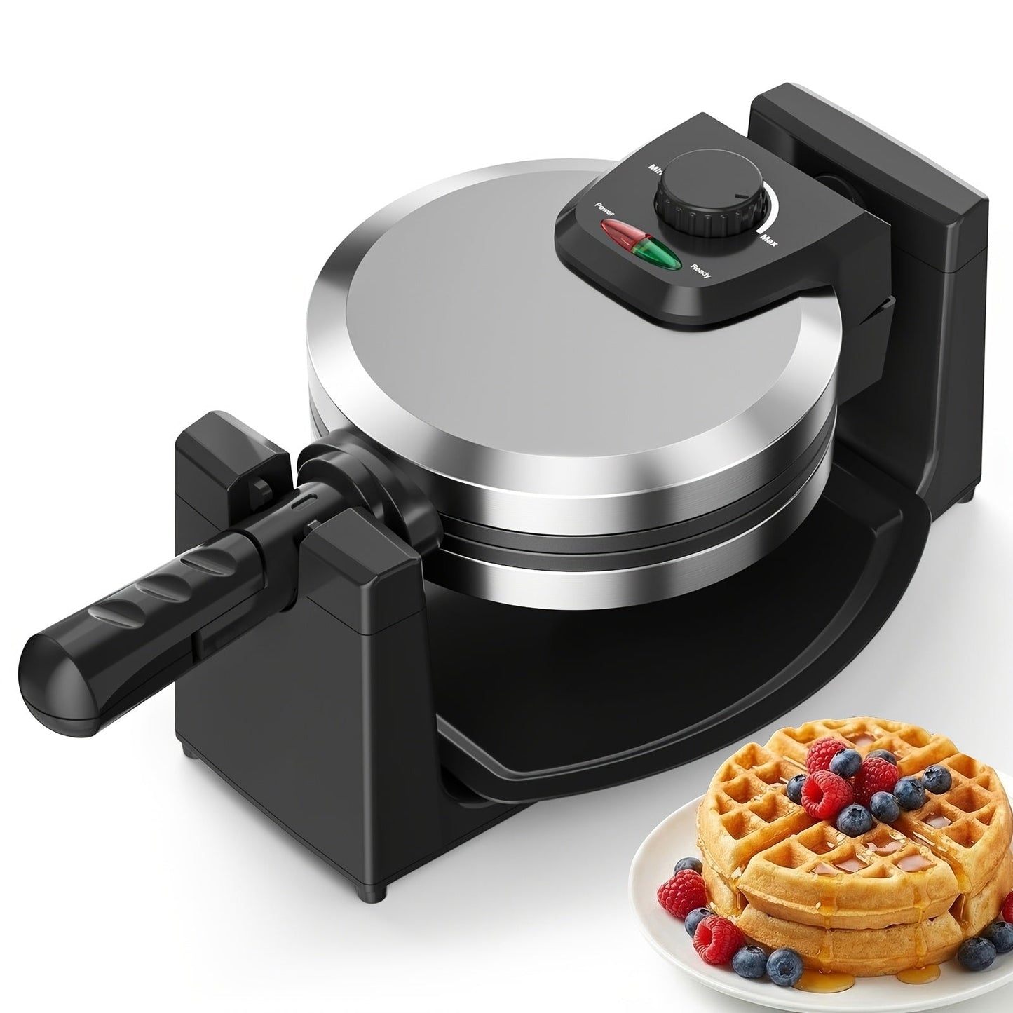 Rotating Waffle Maker with Round Plates, Browning Dial and Silvery, Double-Iron or Black-and-White Options