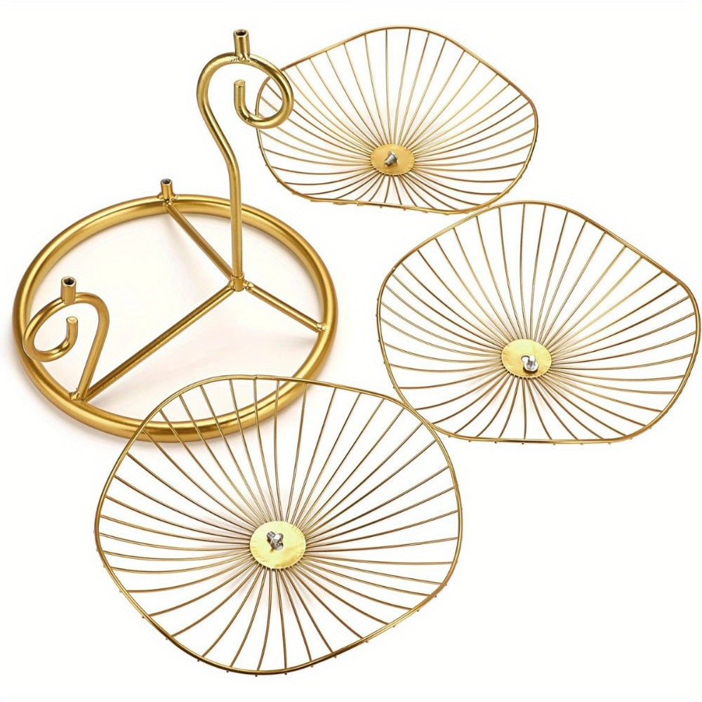 Three-Tier Golden Metal Wire Fruit Basket Stand with Lotus-Leaf Bowls, 46.5 cm Wide Countertop Design