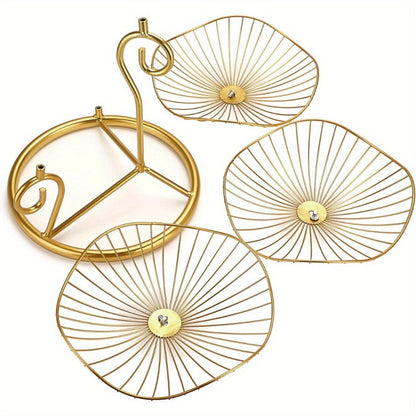 Three-Tier Golden Metal Wire Fruit Basket Stand with Lotus-Leaf Bowls, 46.5 cm Wide Countertop Design