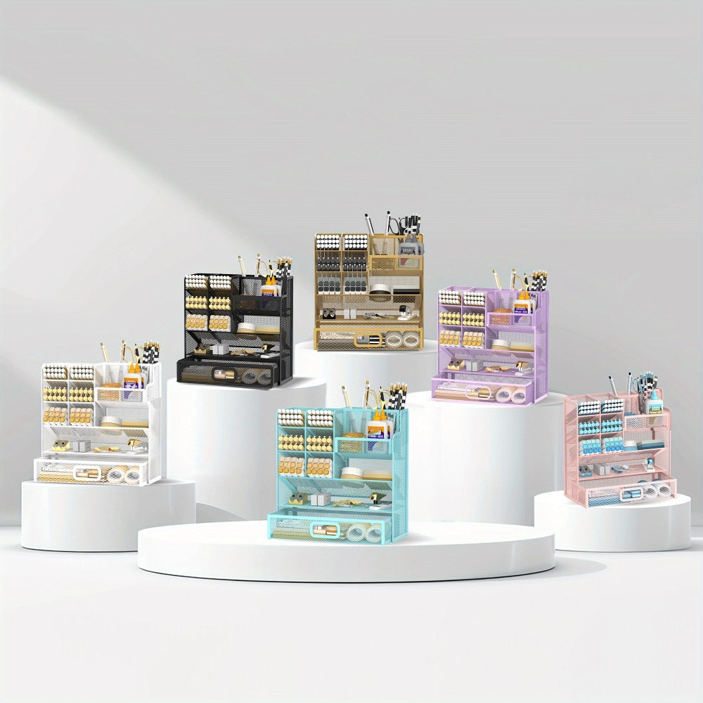 Mesh Desk Organizer with Pull-Out Drawer, Tiered Compartments and Six Color Checkout Options