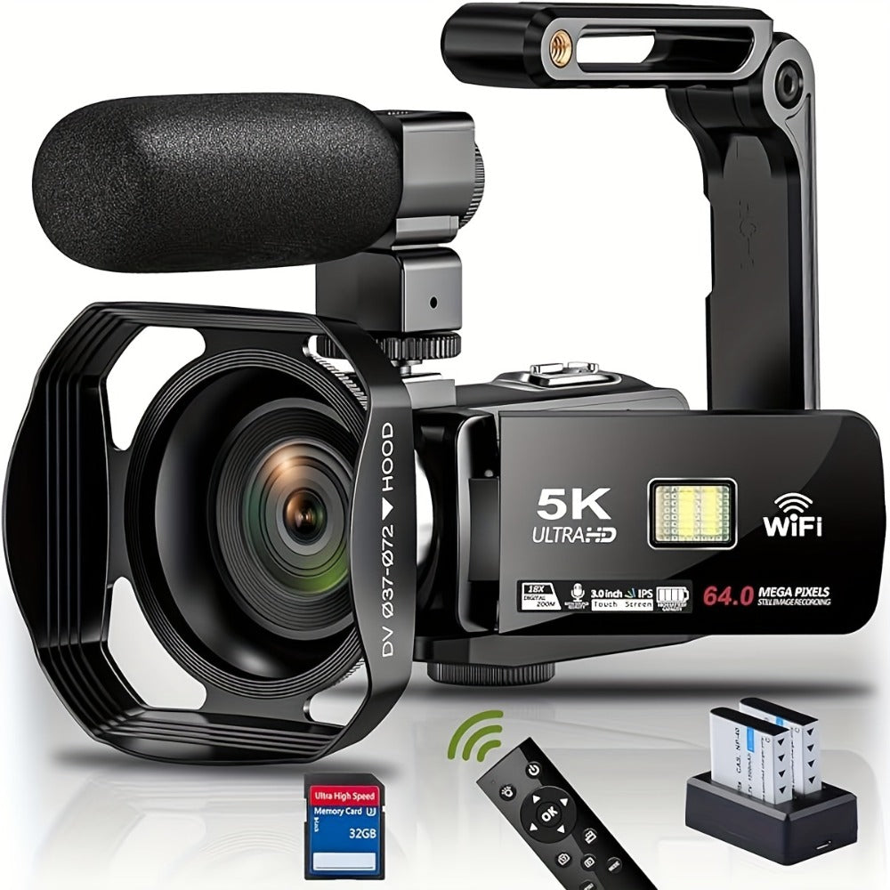 5K Vlogging Camera Camcorder 64MP WiFi for YouTube with IR Night Vision 18X Zoom 3 Inch Touch Screen Webcam External Microphone Remote Control 2 Batteries Loop Recording