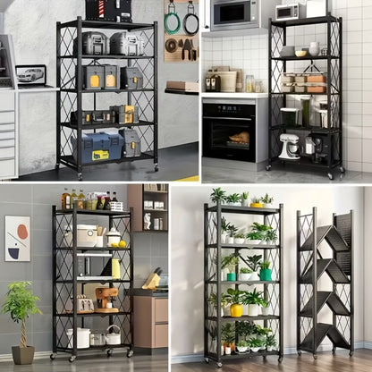 Three-to-Five-Tier Folding Storage Rack with Metal Shelves, Caster Wheels and Black or White Finish
