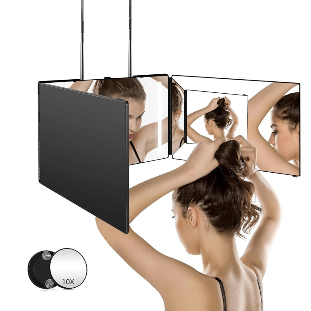 3 Way Mirror for Self Hair Cutting, 360° View Hair Cut Mirror to See Back of Head Height-Adjustable Hook Door Wall Table Mount Anti-Fog HD Glass Optional LED Light for Men Women DIY Home Barber