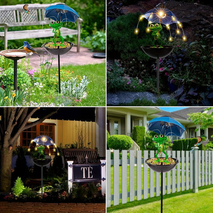 Solar Frog Statue Garden Light with Bird Feeder & LED String Decor, for Garden, Pathway and Patio Lighting
