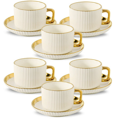 Ceramic Cappuccino Cups with Saucers Set of 6 – 8oz Coffee Mugs with Golden Trim, Latte Art Cups for Espresso Mocha, British Italian Style Café Cups and Saucer Sets for Home Kitchen