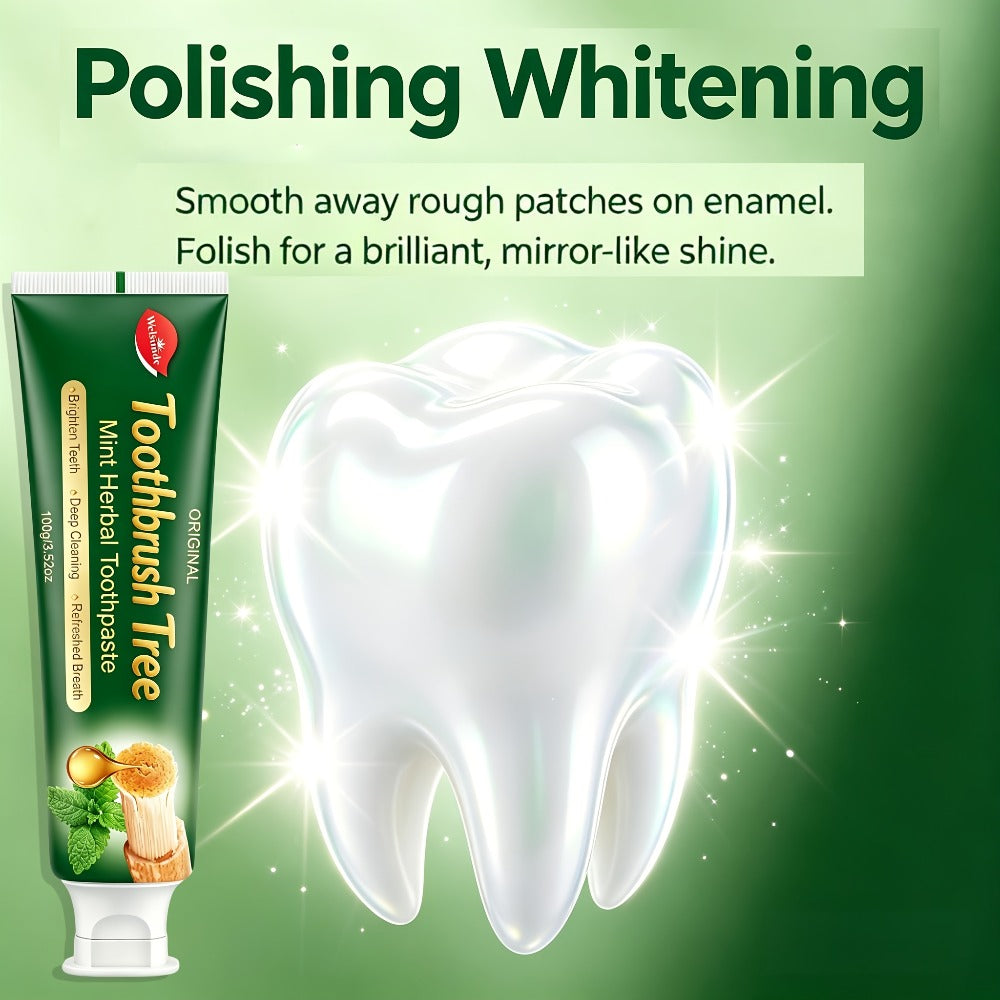Three-Pack 100g Mint Toothpaste with Flip-Cap Tubes, Cartons and Toothbrush Tree Label Design