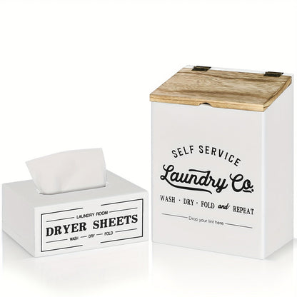 Magnetic Lint Holder & Dryer Sheet Dispenser 2-Pack, Farmhouse Wooden Lint Trash Can with Lid for Dryer, Wall Mount Dryer Sheet Box Organizer for Laundry Room Decor, Magnetic Laundry Organizer Set