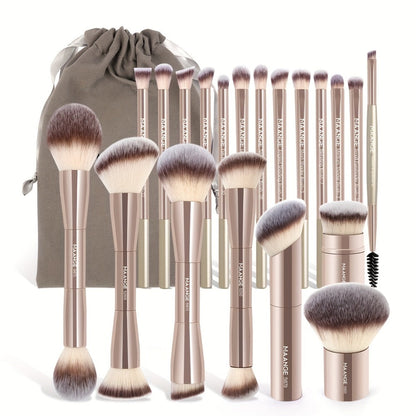 Professional Makeup Brush Set 20Pcs Metal Aluminum Tube Handle with Storage Bag Foundation Powder Blush Eye Shadow Kabuki Brushes for Women Travel Portable Multi-Function Black Gold