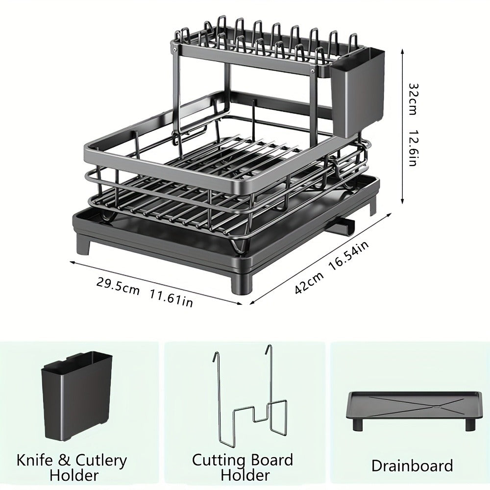 2-Tier Dish Drying Rack with Drainboard & Mat – Metal Dish Rack for Kitchen Counter with Knife Fork Cup Holder