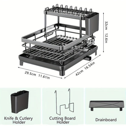 2-Tier Dish Drying Rack with Drainboard & Mat – Metal Dish Rack for Kitchen Counter with Knife Fork Cup Holder
