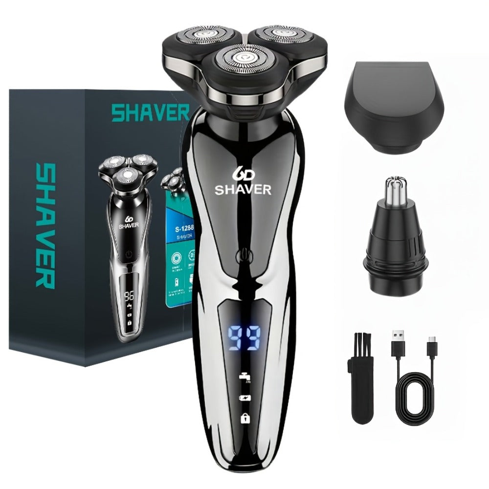 Black Three-Head Rotary Shaver with Digital Display in Standalone, Three-Piece or Four-Piece Sets