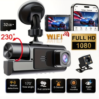 1080P-Labeled Dash Camera with Dual- or Triple-Lens Options, WiFi and 16GB, 32GB or No-Card Bundles