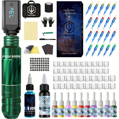 Complete Tattoo Pen Kit with Carrying Bag Aluminum Pen Wireless Power Supply 20 Needles 11 Inks 40 Ink Caps Practice Skin Transfer Paper Gloves Soap Table Mat - Beginners & Artists