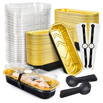 Mini Cake Pans 100 Pack with Lids and Spoons Aluminum Foil Rectangular Disposable Baking Pans 6.8oz for Cheesecake Desserts Gifts Party Catering 6 Colors