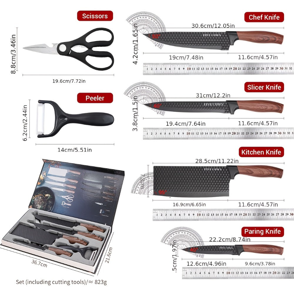 6-Piece Kitchen Knife Set – Chef's Knife, Slicing Knife, Scraper & Scissors | High Carbon Stainless Steel, Ergonomic Wooden Handle, Gift Box