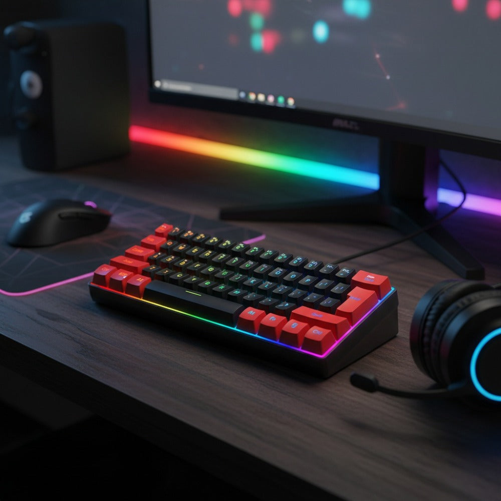 60% Compact Wired Gaming Keyboard RGB Backlit Membrane Ultra-Mini 61 Keys for PC Gamers Laptop Desktop Windows Mac – SNPURDIRI Red and Black Small Gaming Keyboard with Anti-Ghosting