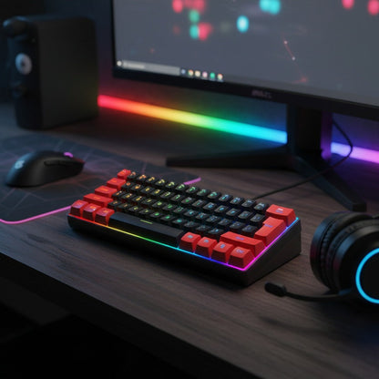 60% Compact Wired Gaming Keyboard RGB Backlit Membrane Ultra-Mini 61 Keys for PC Gamers Laptop Desktop Windows Mac – SNPURDIRI Red and Black Small Gaming Keyboard with Anti-Ghosting