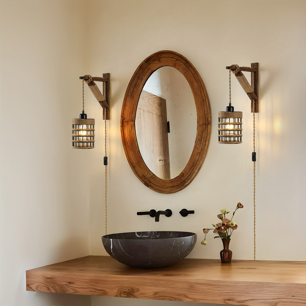 Plug-In Cage Wall Sconce with Wooden Bracket, 250 cm Cord and Single or Two-Piece Farmhouse Options
