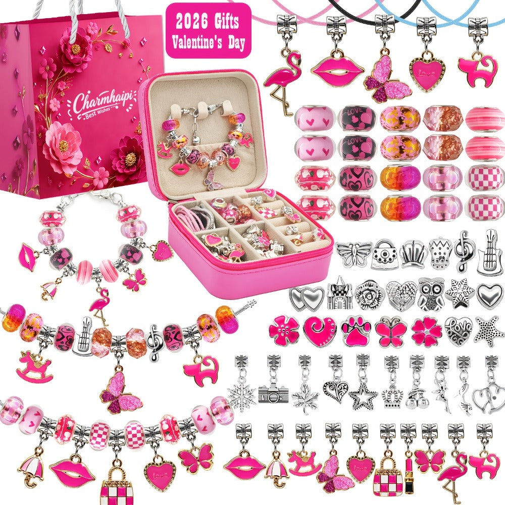 Bracelet Making Craft Kit with Portable Jewelry Box, Beads and Charms in Seven Color or Theme Options