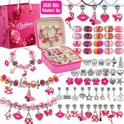 Bracelet Making Craft Kit with Portable Jewelry Box, Beads and Charms in Seven Color or Theme Options