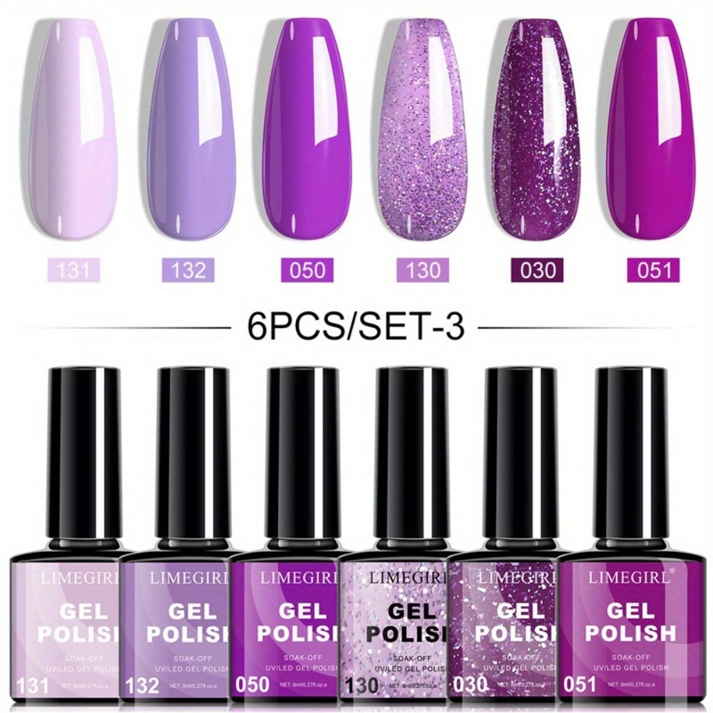Gel Nail Polish Set with LIMEGIRL Label, 6 Fall Winter Glitter and Solid Colors, Two Palettes