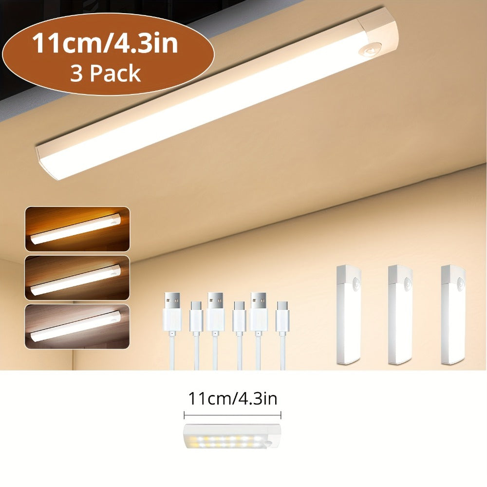 Motion Sensor Cabinet Light 3-Pack – 3-Color Temperature Dimmable Under Counter Closet Light, Wireless Magnetic USB Rechargeable for Kitchen, Wardrobe, Stairs, Hallway & Vanity (11cm / 20cm / 40cm)