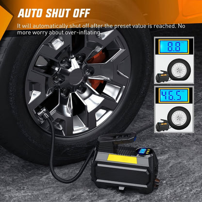 12V Portable Tire Inflator with 150 PSI Source Rating, Digital Display, LED and Nozzle Set