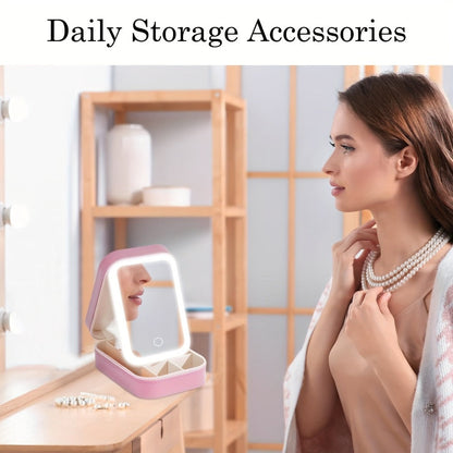 Lighted Makeup Mirror with Travel Case Cosmetic Organizer 3-Color LED Light 1200mAh Rechargeable Portable Vanity Mirror Adjustable Brightness for Women Gift Birthday Christmas