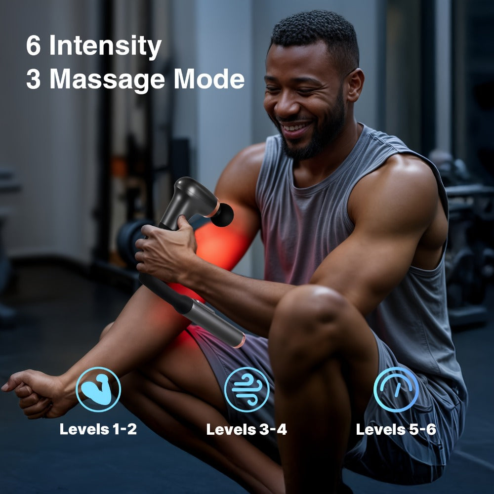 U-Shaped Massage Gun with Four Pictured Heads, 6-Level and 3-Mode Labels, Grey Finish and Long-Reach Housing