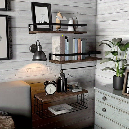 Rustic Wall-Mounted Shelf Sets in Two- or Four-Piece Configurations with Wood Platforms and Black Metal Storage Racks