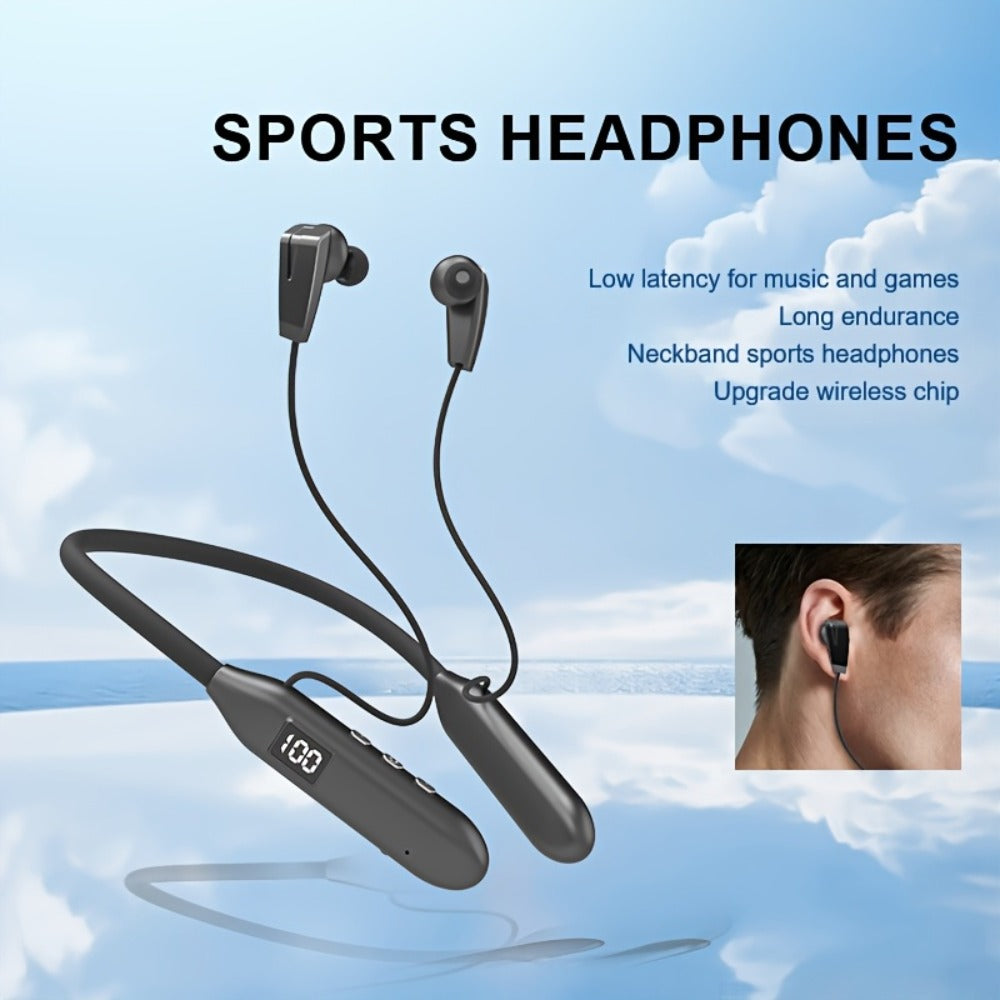 Neckband Sport Bluetooth Earphones Wireless In-Ear Flexible Neckband Extra Long Battery Life LED Display Running Gym Workout Calls Gaming Outdoor Activities Black