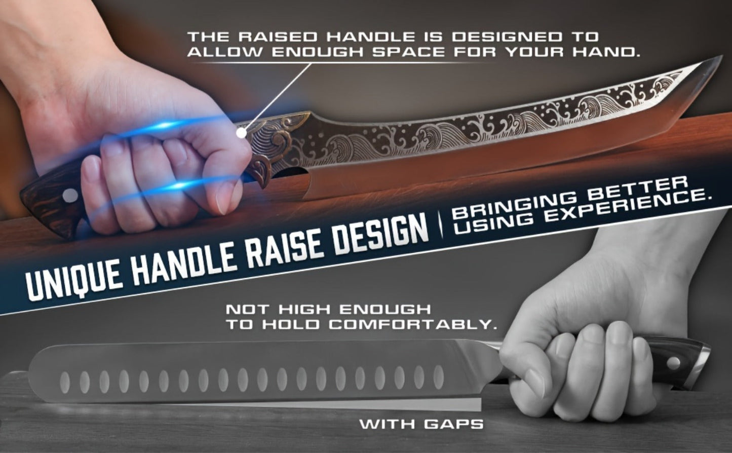 8.86-Inch Carving Knife with Patterned High-Carbon Steel Blade, Full-Tang Wood-Look Handle and Brown Sheath