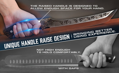 8.86-Inch Carving Knife with Patterned High-Carbon Steel Blade, Full-Tang Wood-Look Handle and Brown Sheath