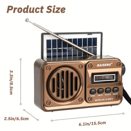 FM Portable Radio R-49BTS Retro Solar Panel Bluetooth Speaker, USB TF Card Playback, Loud Digital Radio for Indoor Outdoor Travel Emergency Camping, Independence Day Gift