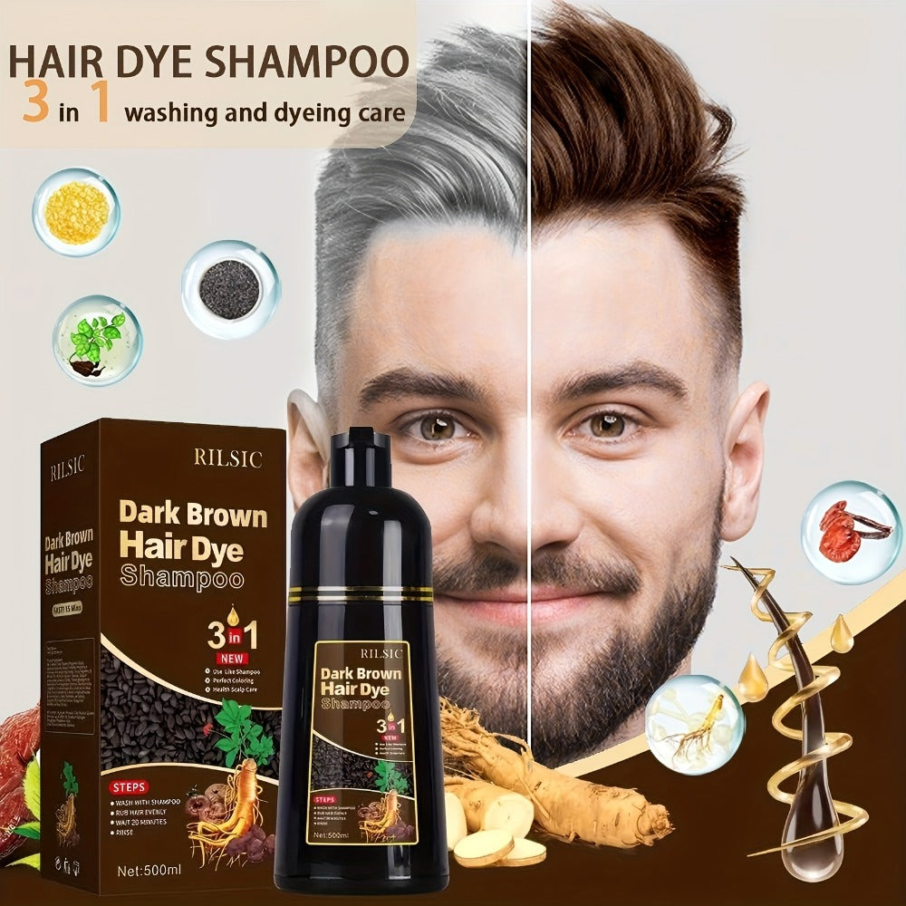 Herbal Hair Dye Shampoo 3-in-1 with Plant Squalene 2pcs 16.91oz — Instant Gray Hair Coverage, Natural Color in Minutes, Brown Dark Brown & Black, Unisex Men & Women