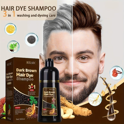 Herbal Hair Dye Shampoo 3-in-1 with Plant Squalene 2pcs 16.91oz — Instant Gray Hair Coverage, Natural Color in Minutes, Brown Dark Brown & Black, Unisex Men & Women