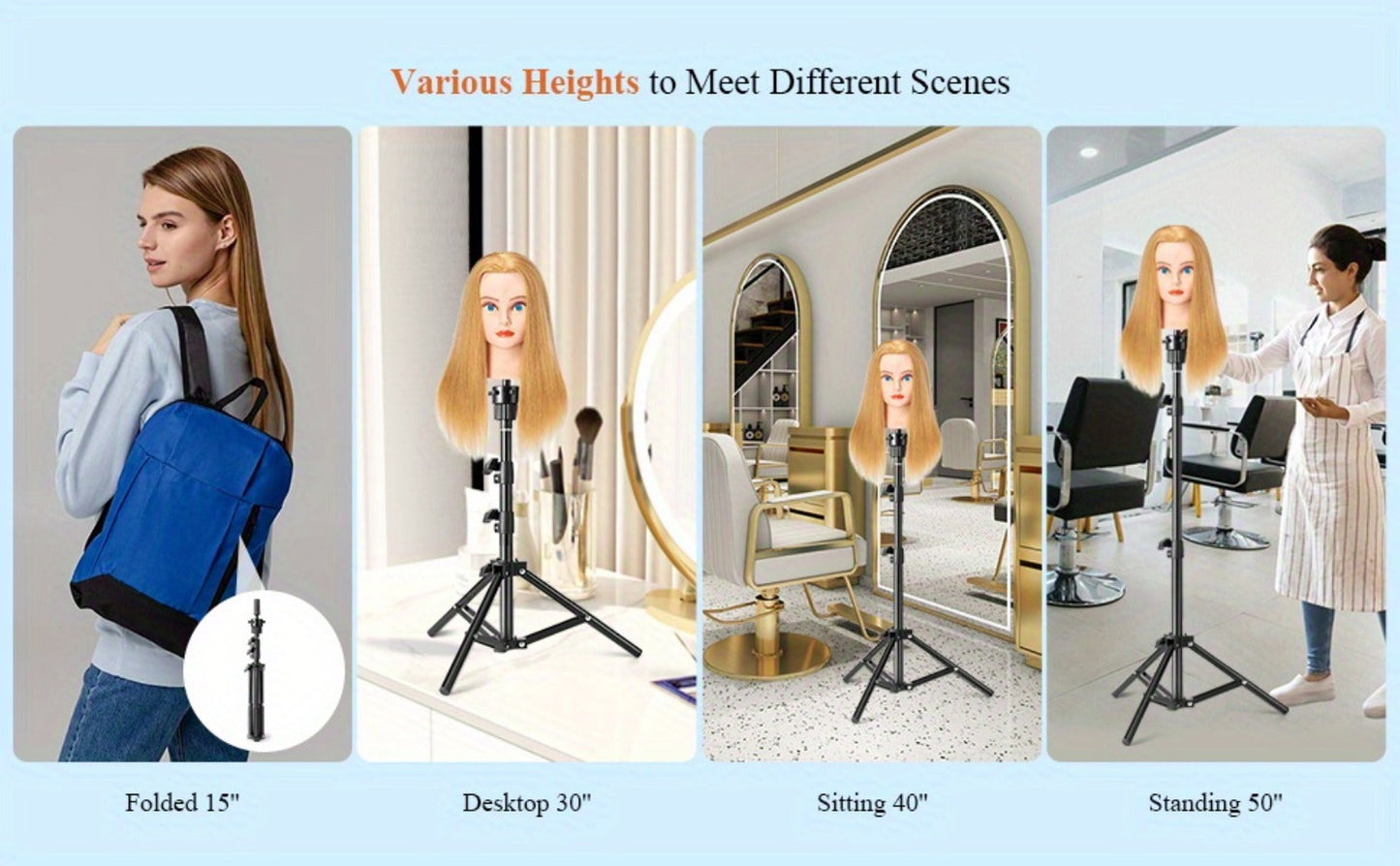 Adjustable Wig Stand Tripod 360 Rotation Aluminum Alloy Height Adjustable to 50 Inch Foldable Portable Mannequin Head Stand for Styling Cosmetology Hairdressing Training Home Salon