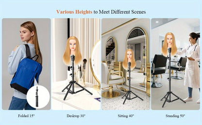 Adjustable Wig Stand Tripod 360 Rotation Aluminum Alloy Height Adjustable to 50 Inch Foldable Portable Mannequin Head Stand for Styling Cosmetology Hairdressing Training Home Salon